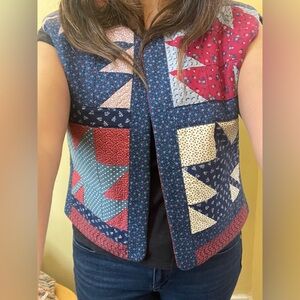 Patchwork Quilted Vest- Multicolor Reversible Handmade Vest/Maple Leaf Motif M/L